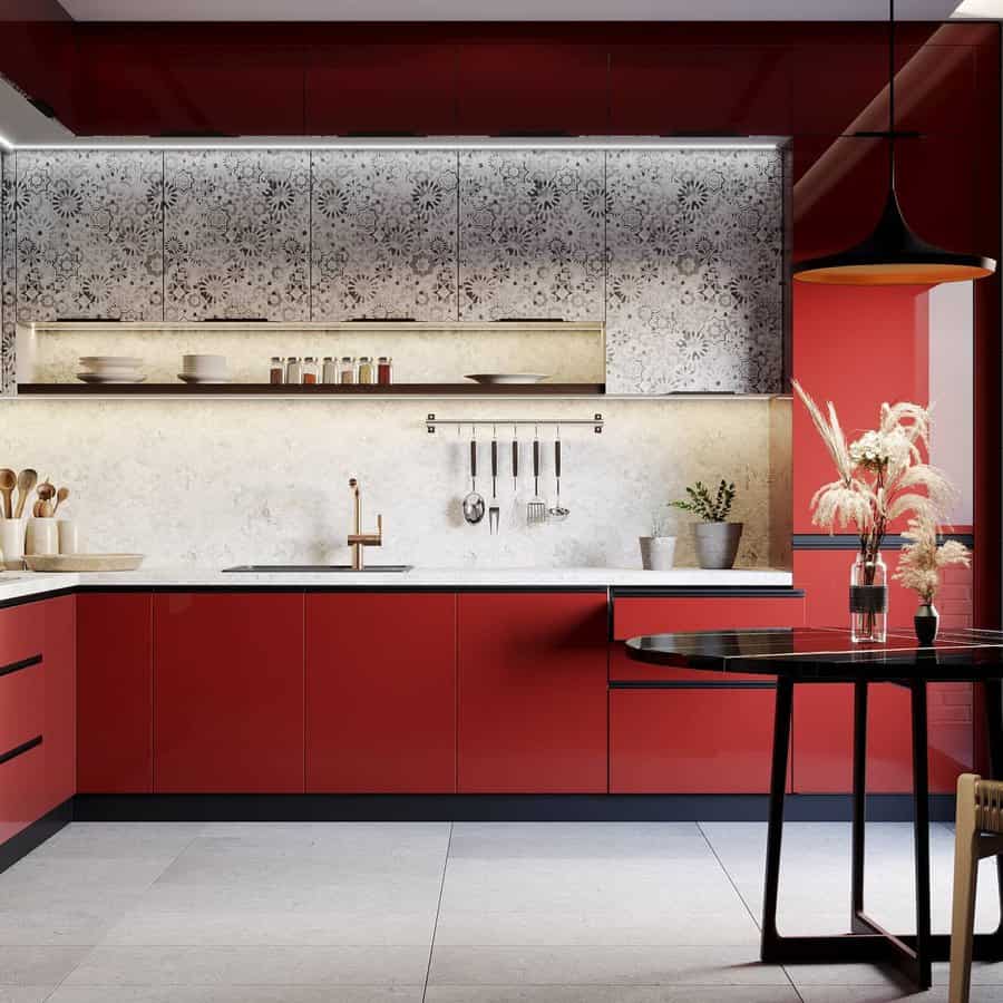 Modern kitchen with red cabinets