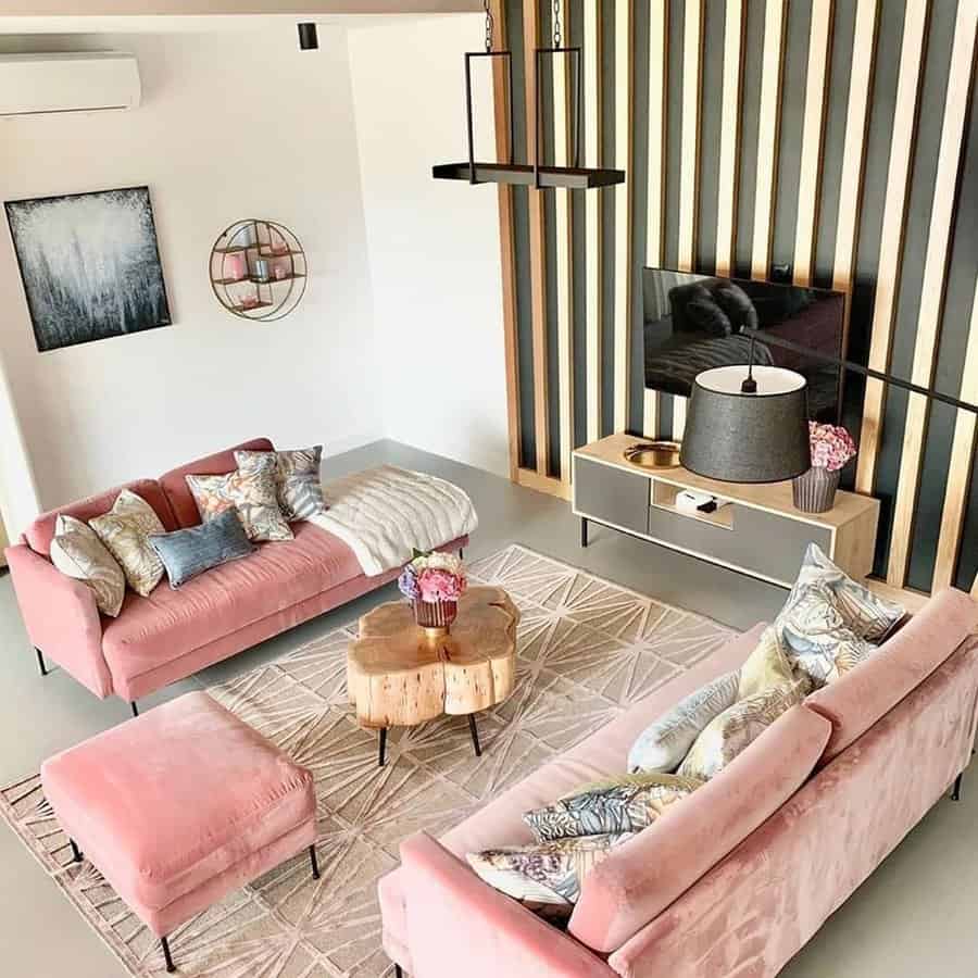 modern living room with wood slab coffee table
