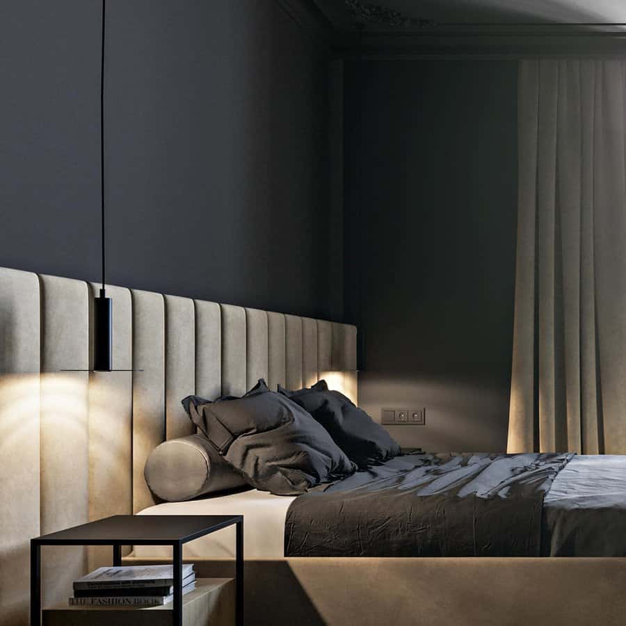 Modern dark toned bedroom with lighting