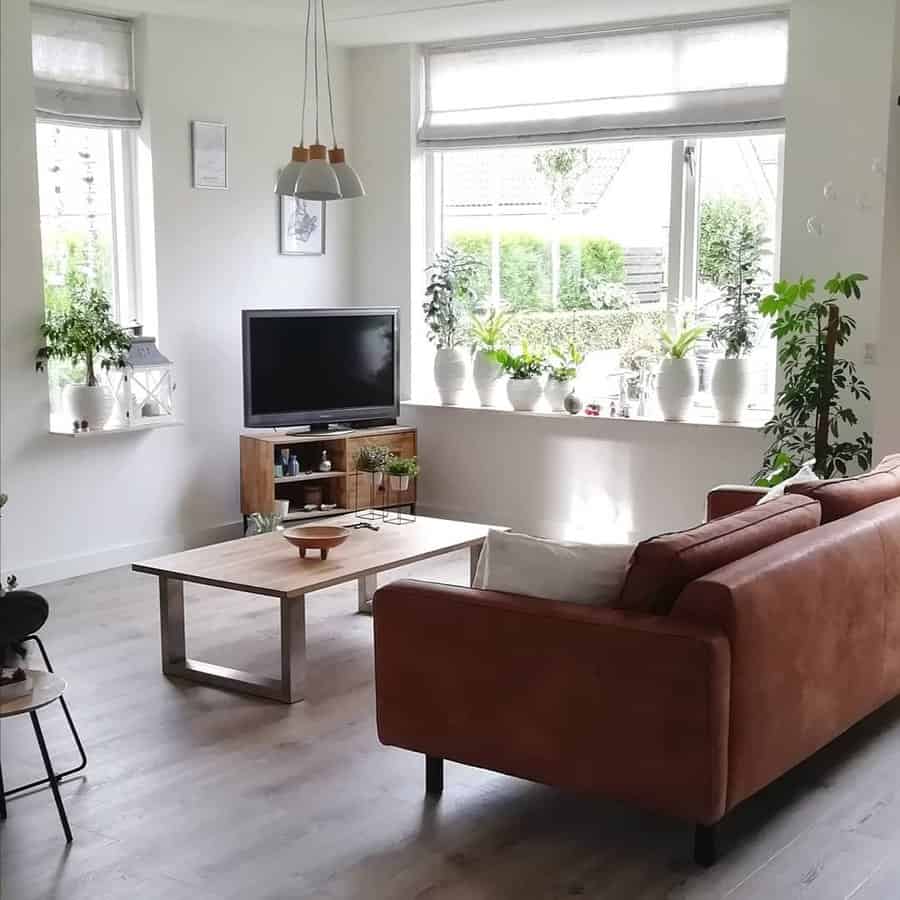 Bright minimalist living room with leather sofa and window plants