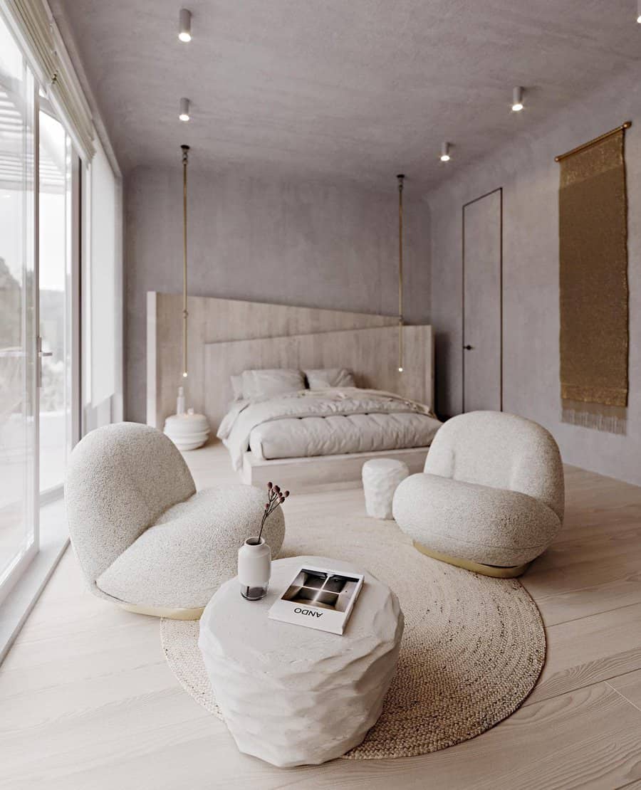 Modern minimalist bedroom with textured seating area