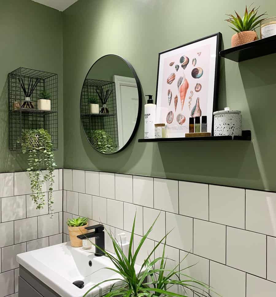 Half bathroom with graphic shelf