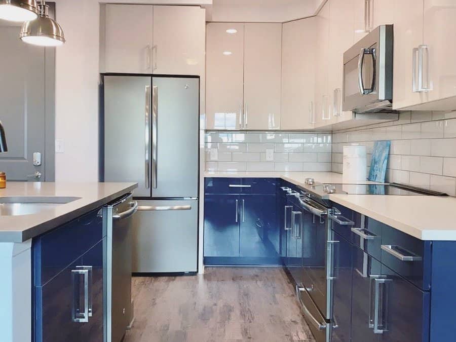 apartment kitchen electric blue cabinets 