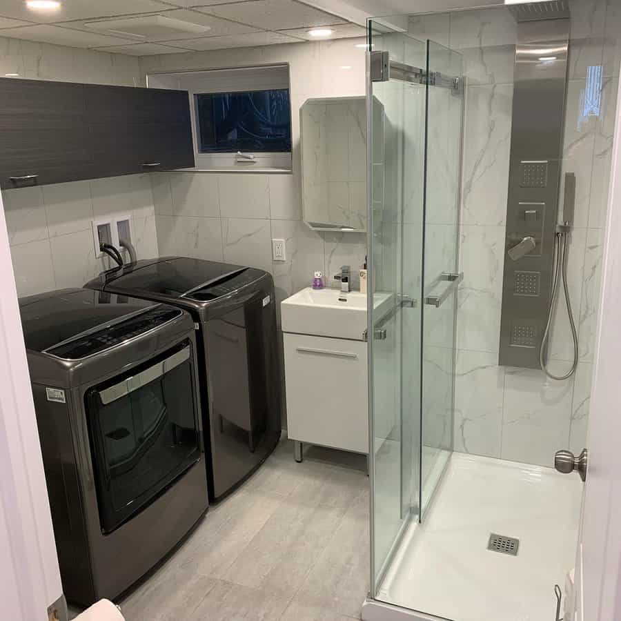 Basement bathroom with laundry area