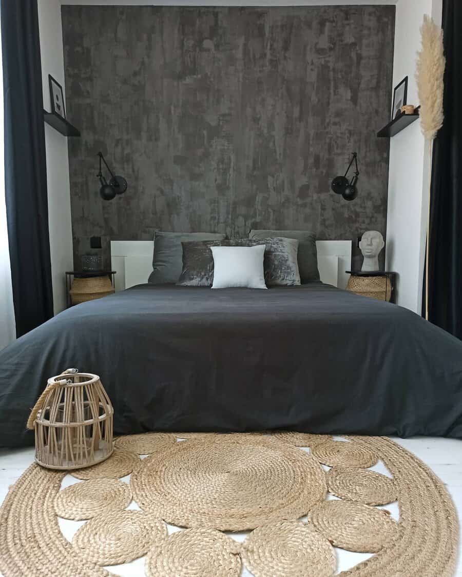 Contemporary bedroom with textured accent wall and jute rug