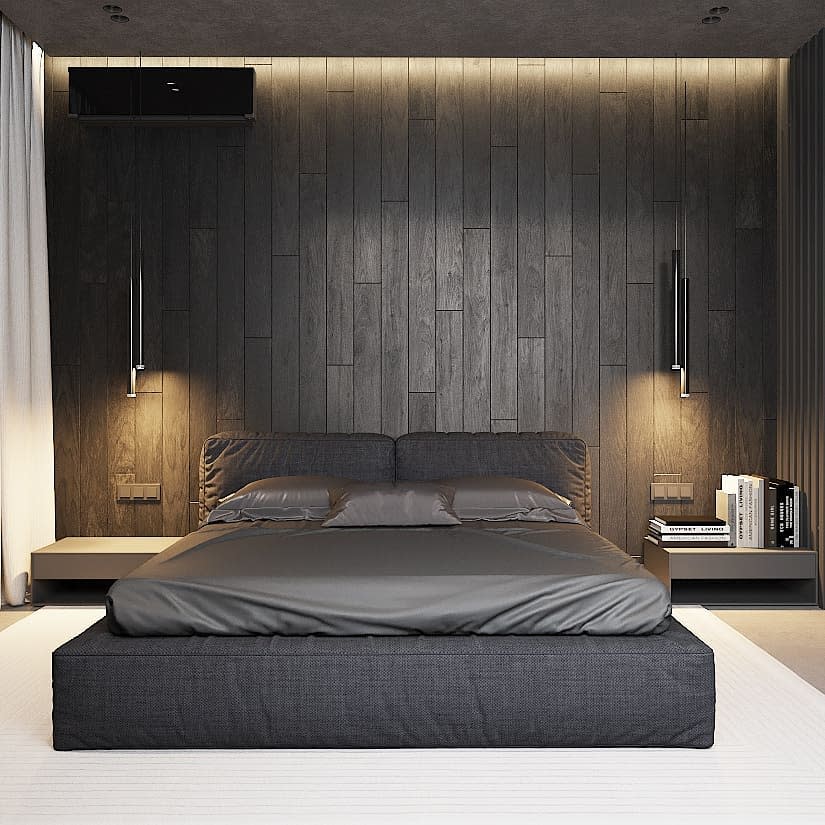 black bedroom with dark wood accent wall 