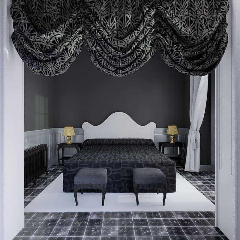 black bedroom with printed valance curtain