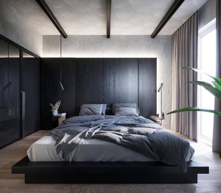 Modern bedroom with dark wood accents, a double bed with gray bedding, floor-to-ceiling windows, and a potted plant on the right