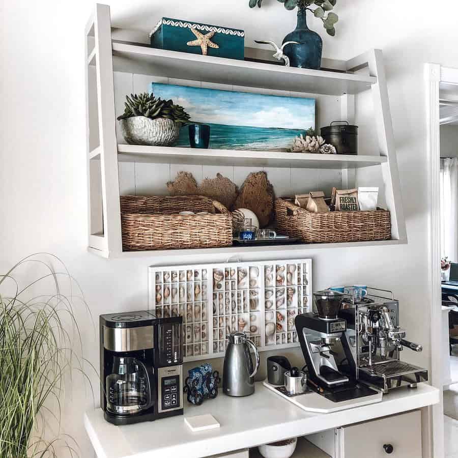 coffee bar with floating shelf