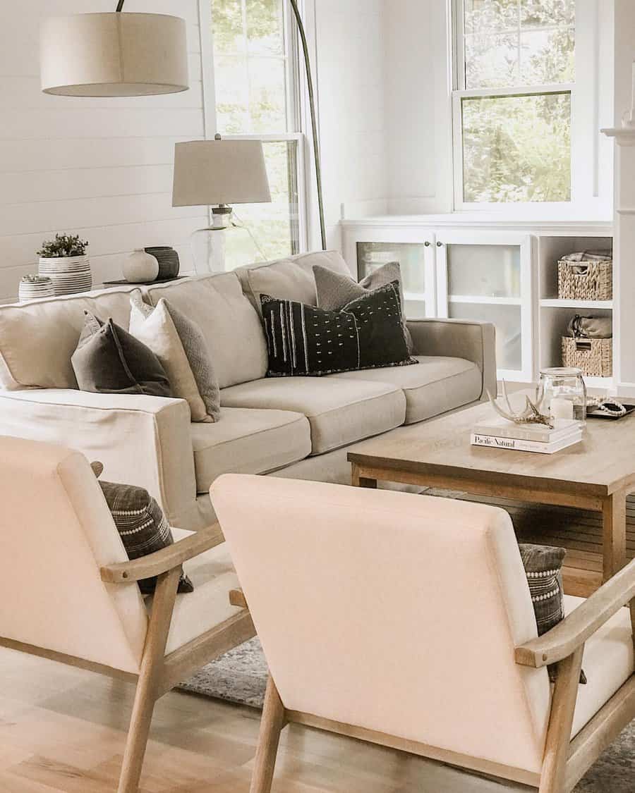 Modern neutral living room with plush seating and large windows