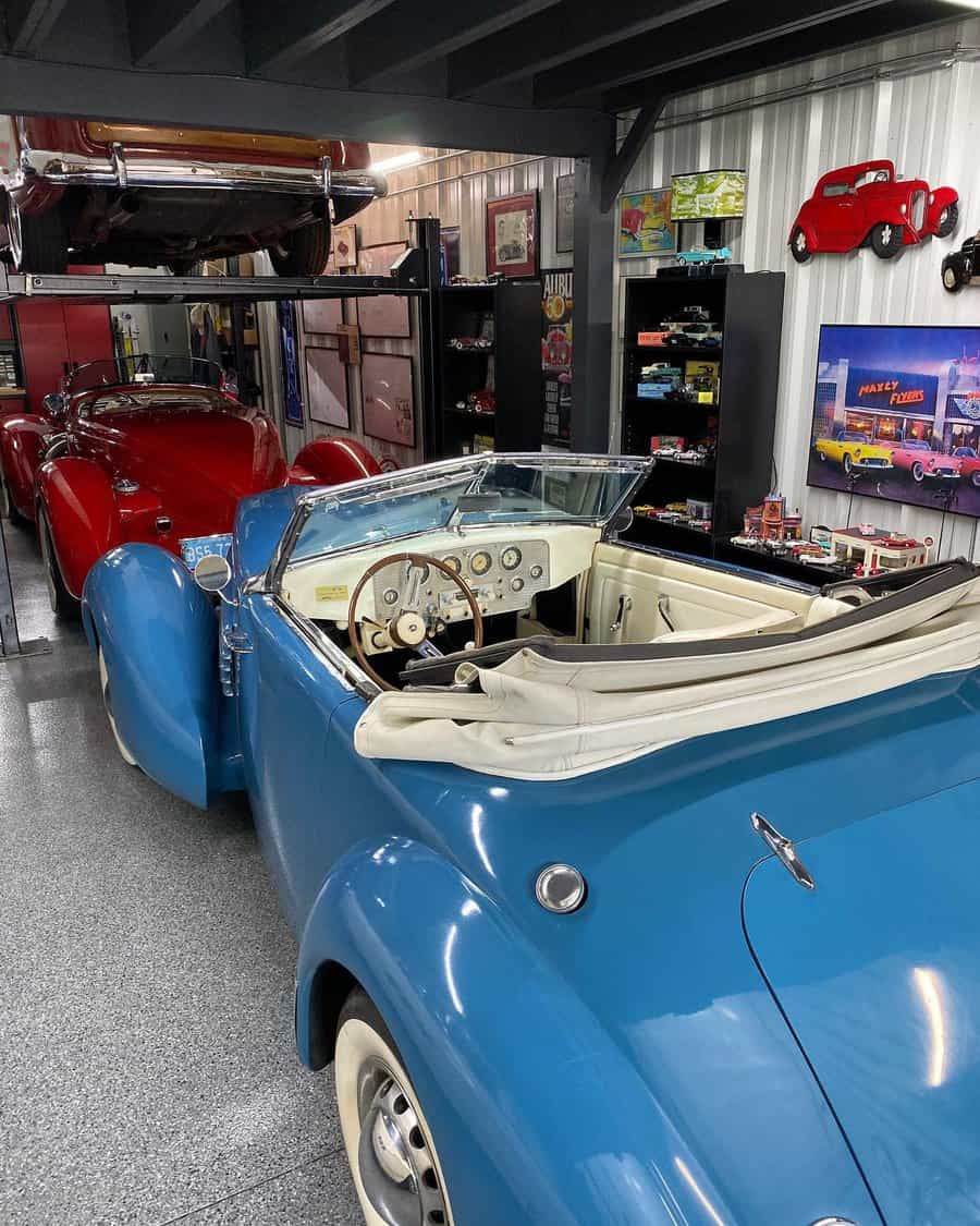 Car-themed garage man cave 