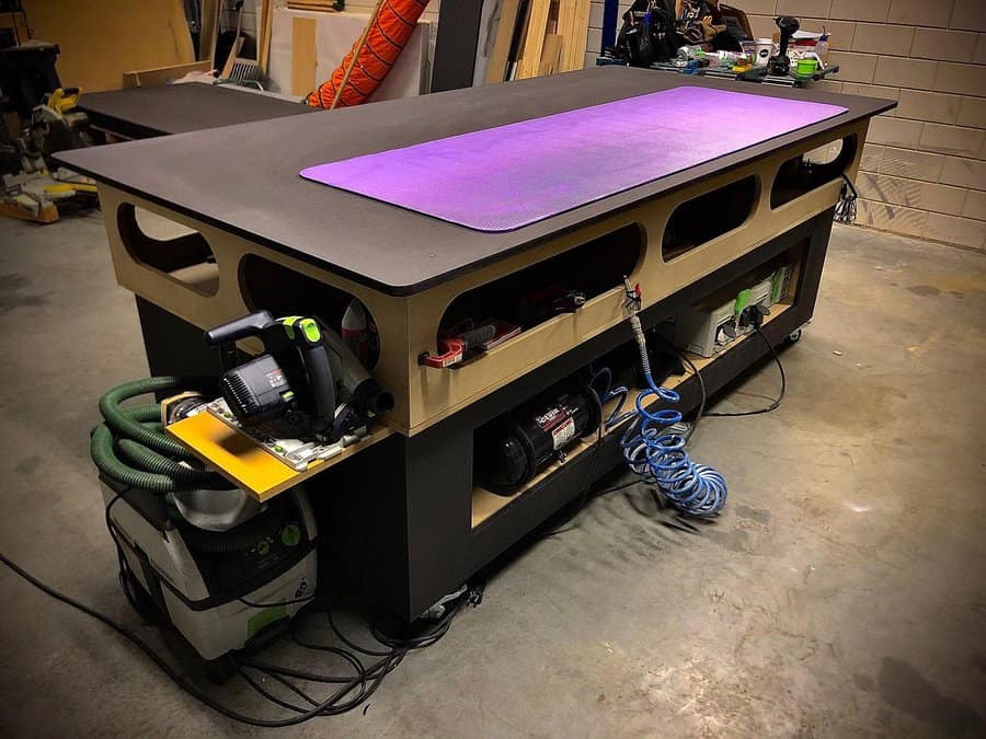 Workbench with storage and purple mat