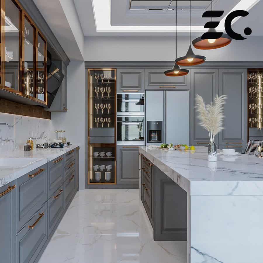 Upscale gray kitchen with marble and gold accents