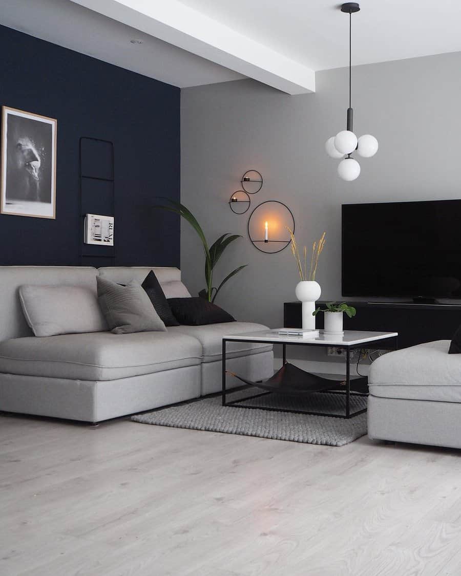 Modern living room with light gray sofa and dark wall