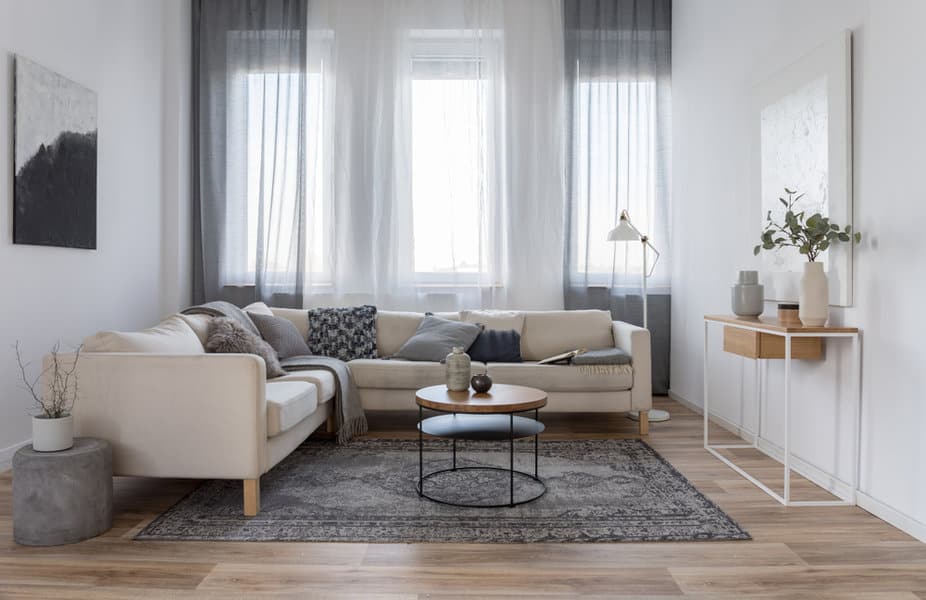 Modern living room with gray curtains and rug