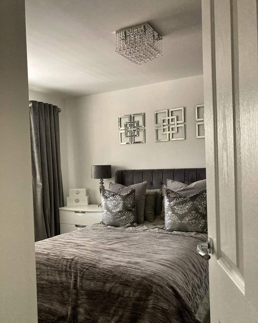 grey bedroom with silver accent details