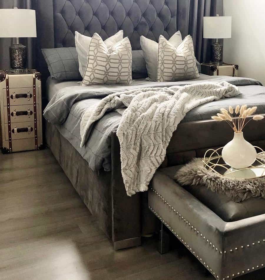 Chic bedroom with a tufted headboard and luxurious textures