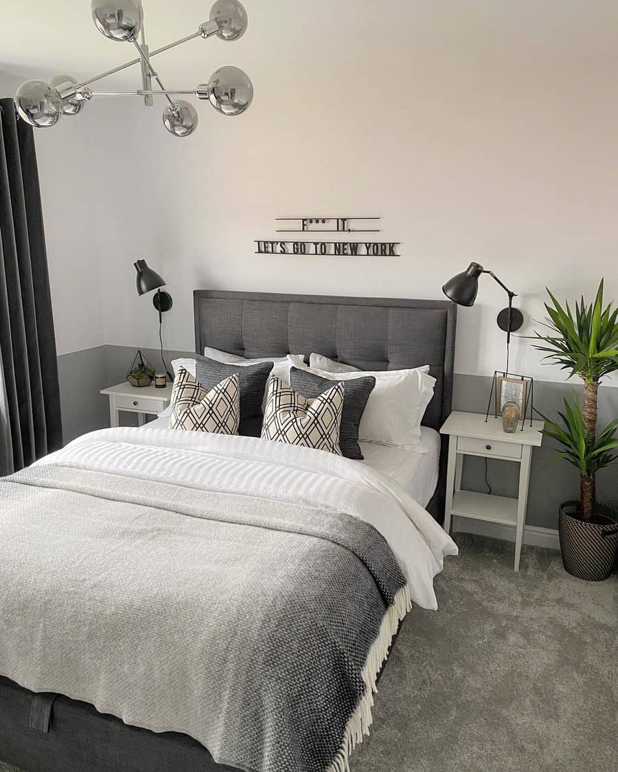 grey bedroom with plants