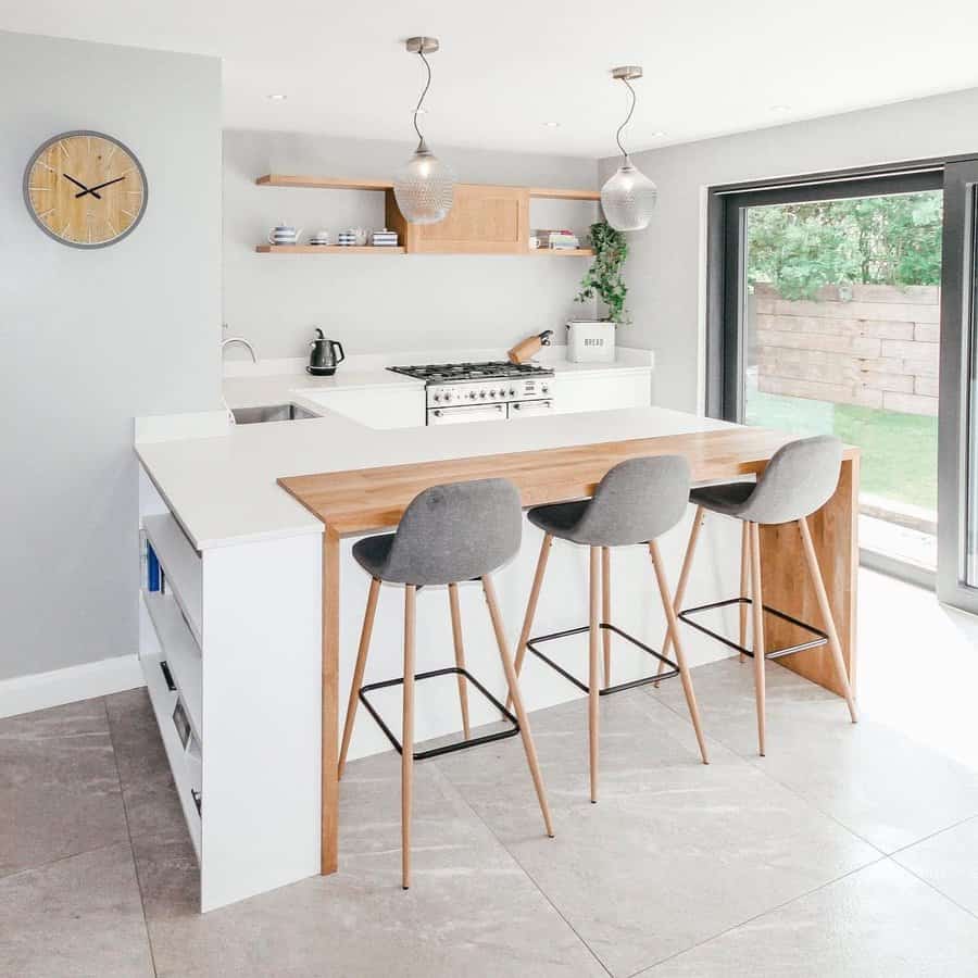 muji inspired kitchen island with light grey stools