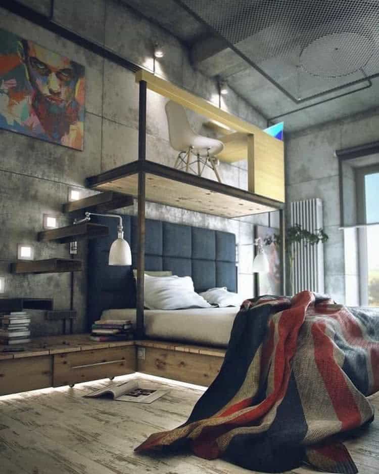 Industrial style bedroom with elevated workspace