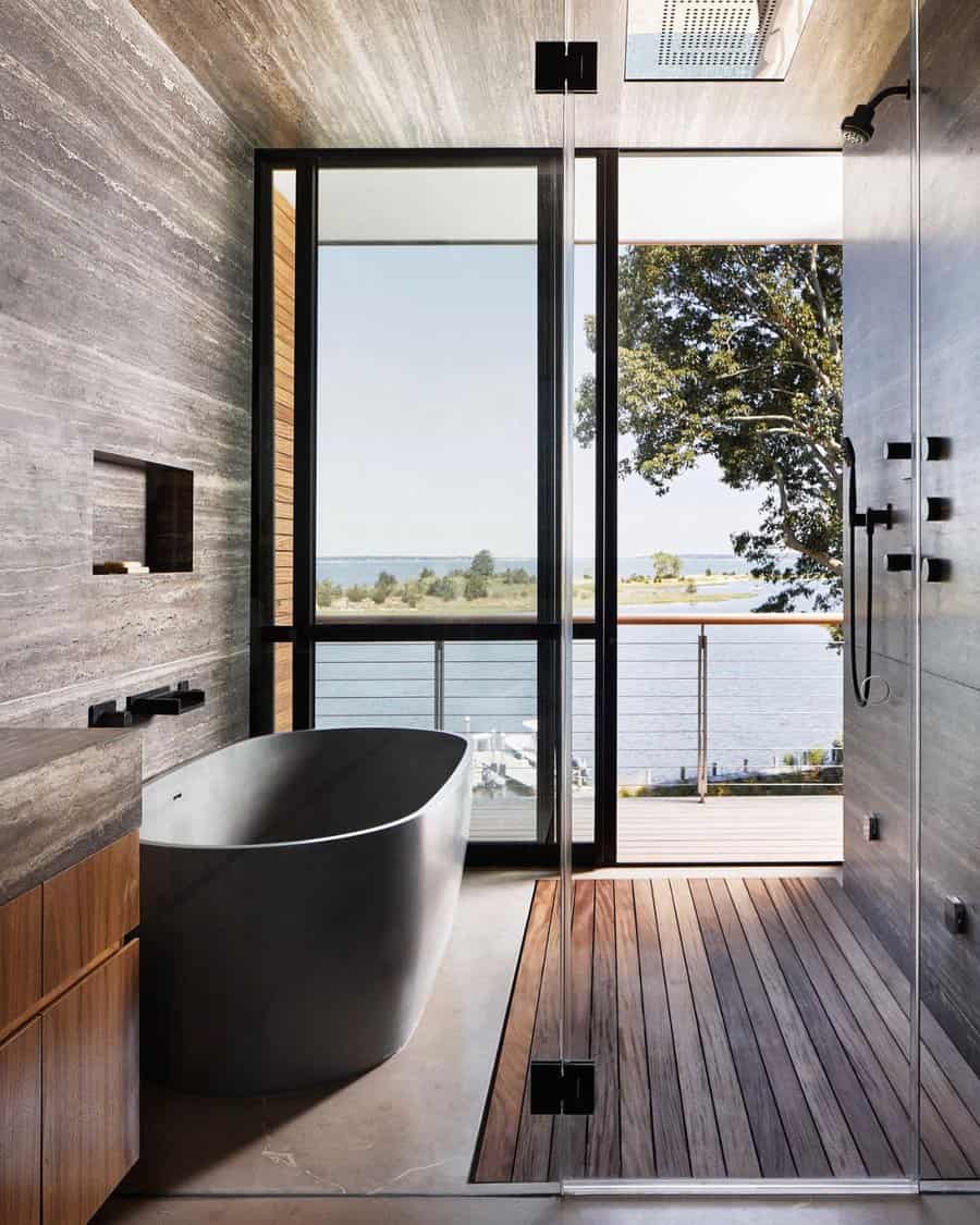 Modern bath with lake view and wooden floor