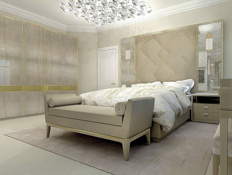 Luxurious master bedroom with soft neutrals, a tufted headboard, mirrored accents, and elegant lighting, creating a serene and sophisticated space