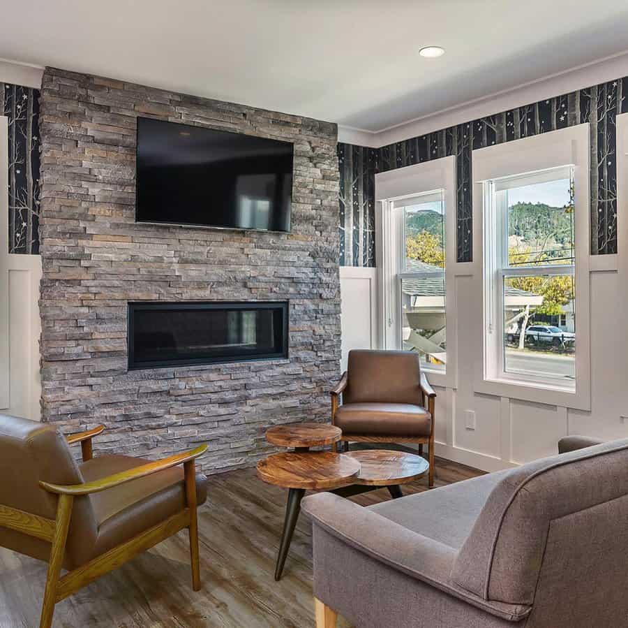 rustic living room with brick stone accent wall