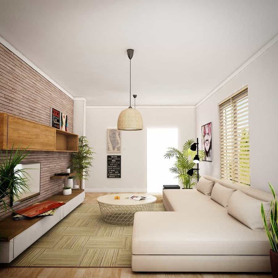 Bright living room with natural tones and plants