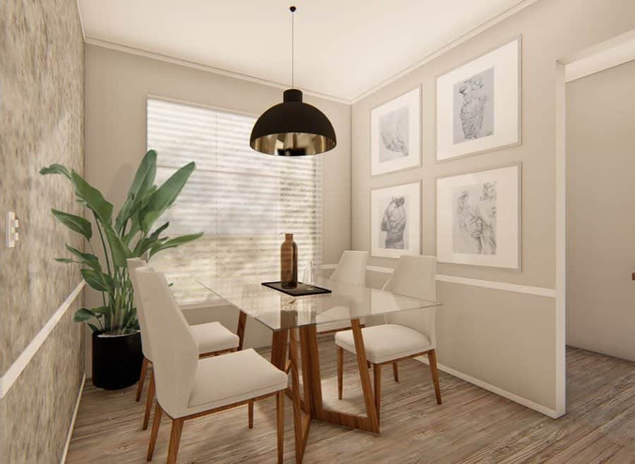 Modern dining room with a glass table, white chairs, potted plant, wall art, pendant light, and large window with blinds