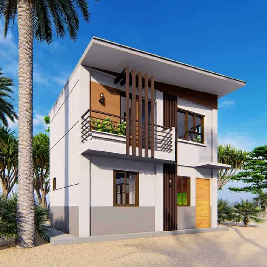 Modern two-story house with a balcony, palm trees, and a clear blue sky