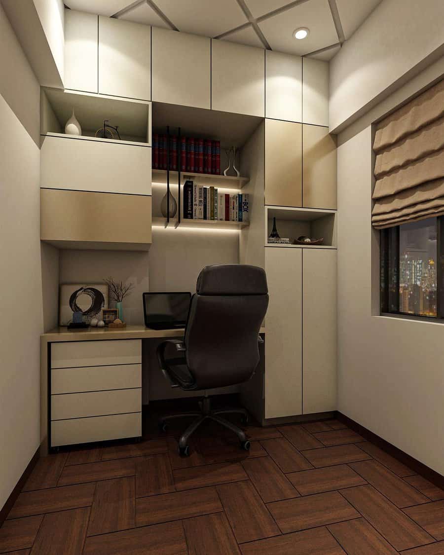 home office with cabinet and shelves 