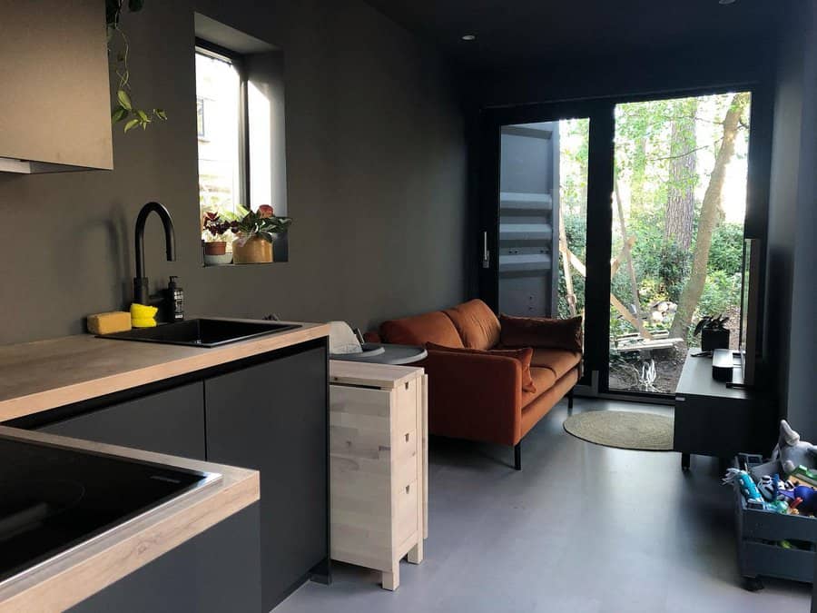 Sleek modern tiny living space with dark walls, a burnt orange sofa, minimalist kitchen, and large glass doors opening to a lush outdoor view