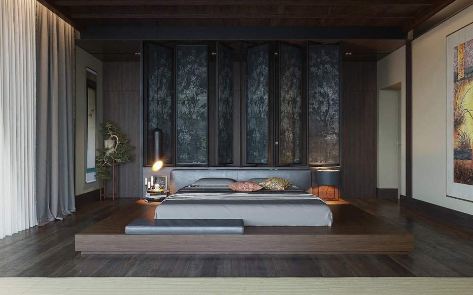 Modern bedroom with a low wooden bed, decorative pillows, and artistic wall panels, soft lighting, and large curtain to the left