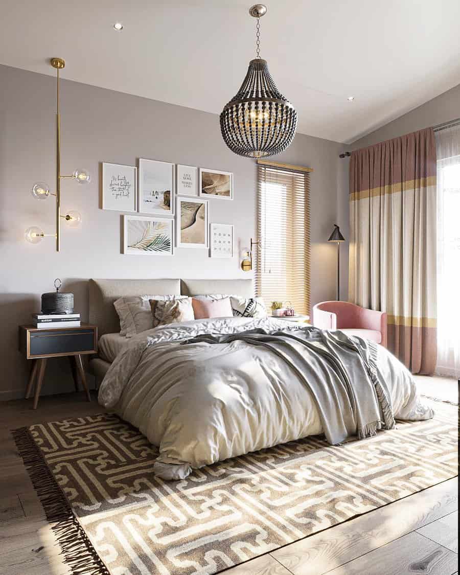 Elegant bedroom with gallery wall and statement chandelier