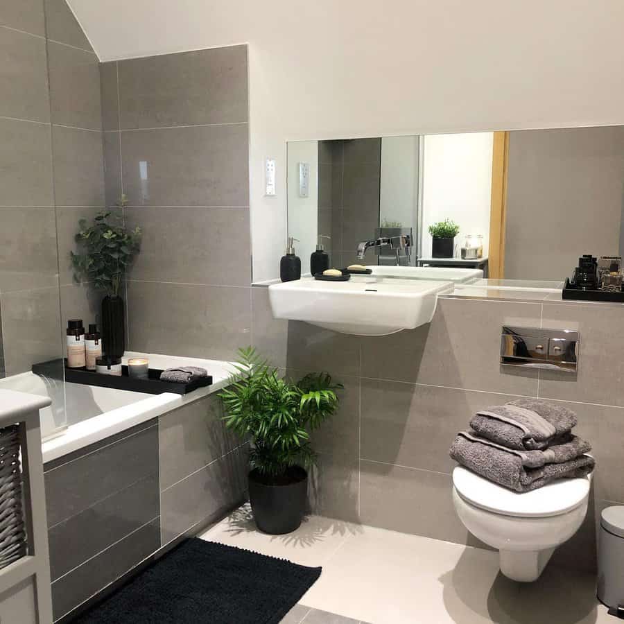 grey bathroom with plants