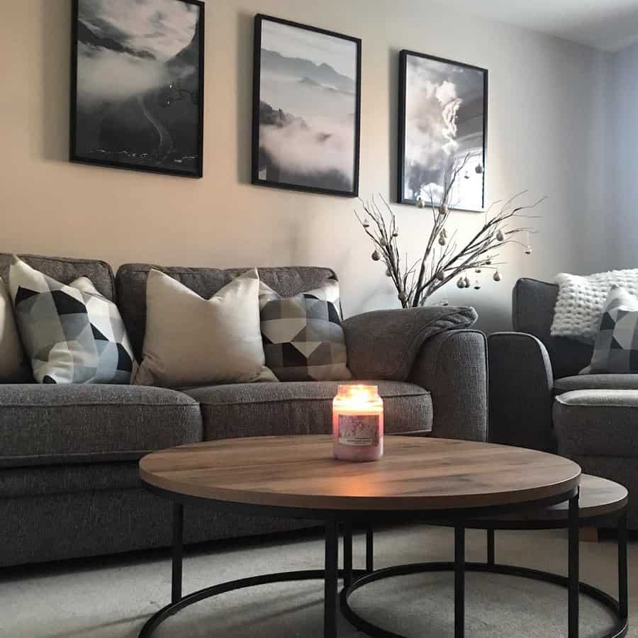 gray living room with wood accents