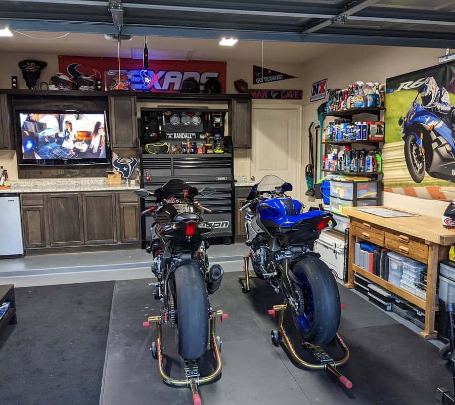 Garage man cave with a work desk