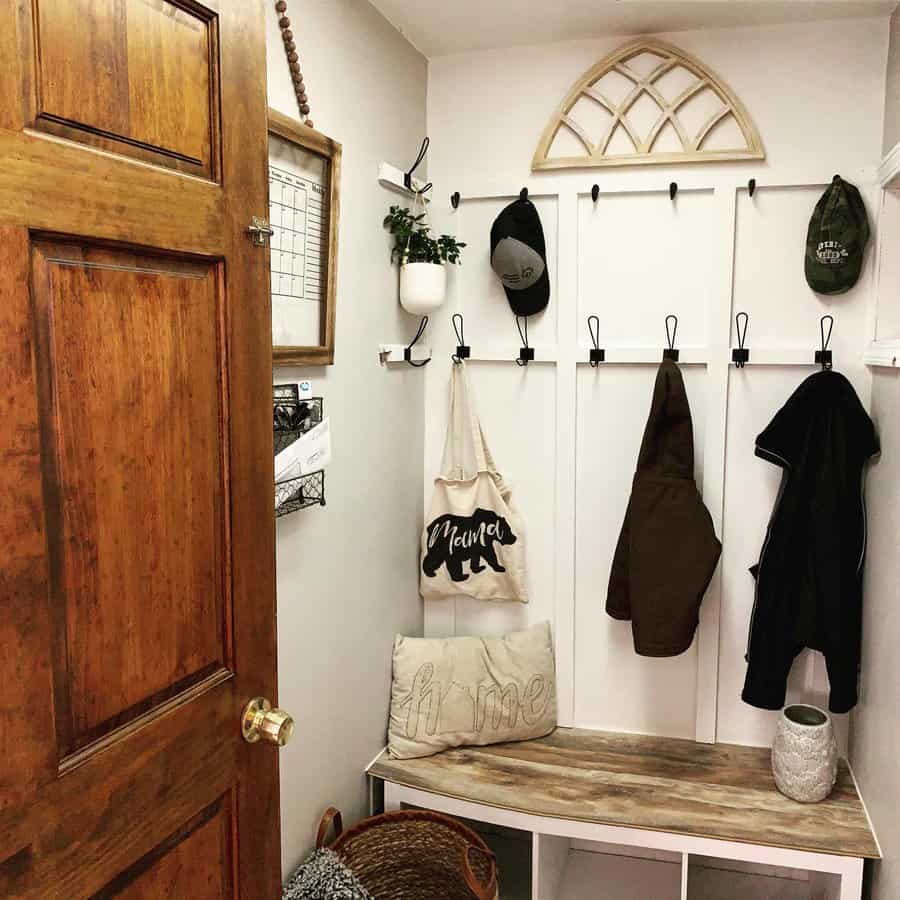 Mudroom hat rack with bench