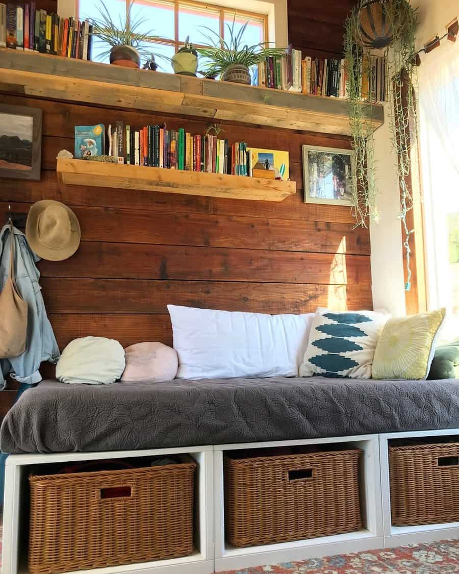 Cozy nook with bookshelf and storage baskets