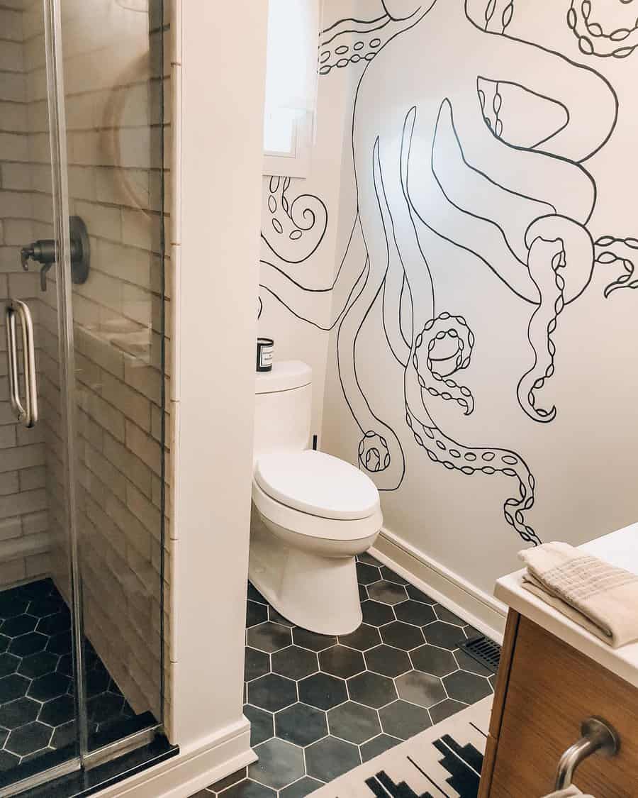 Doodle mural art in bathroom 