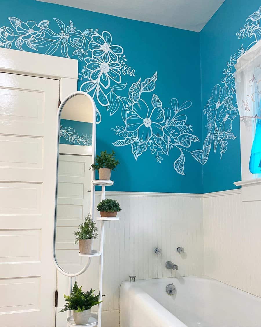 Floral mural art in bathroom