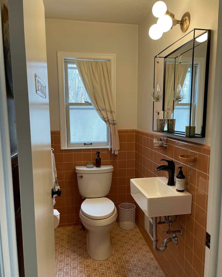 Half bathroom with mirror shelf