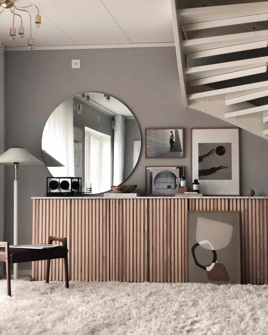 gray living room with wood accents