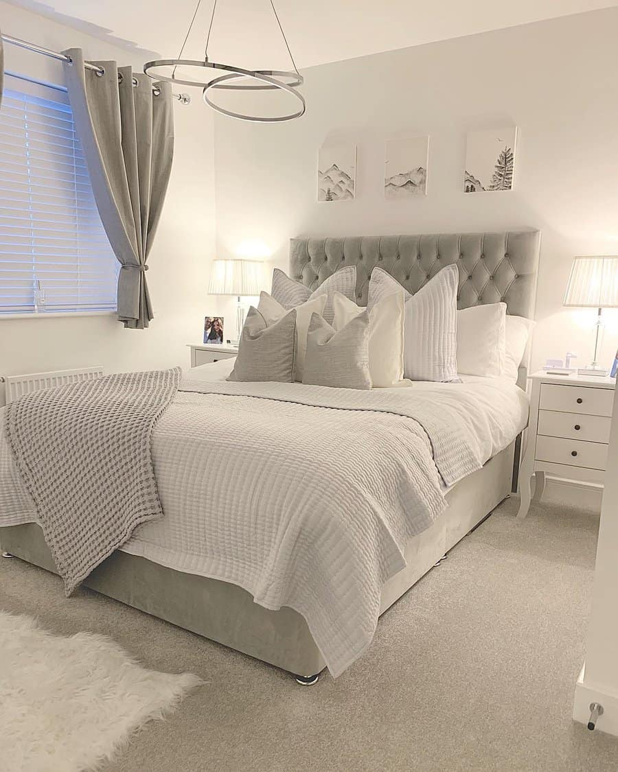 grey bedroom with warm lighting