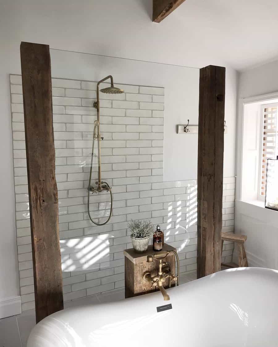 Rustic bathroom with copper fixtures 