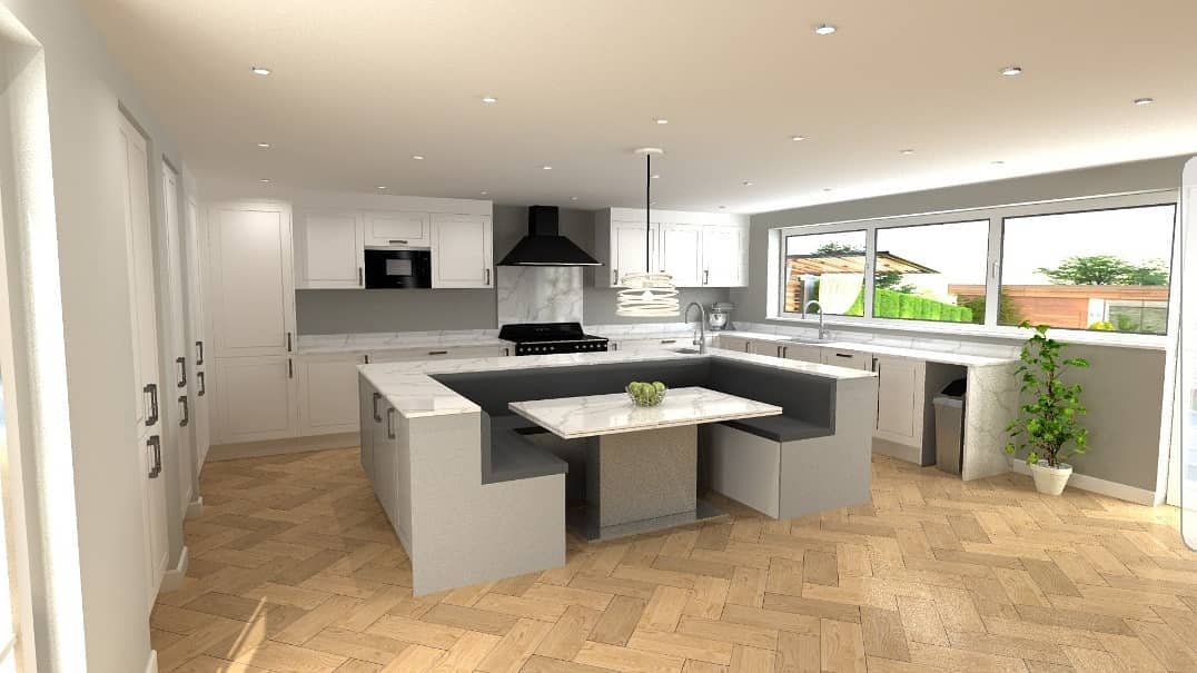 Bright kitchen with island and nook seating