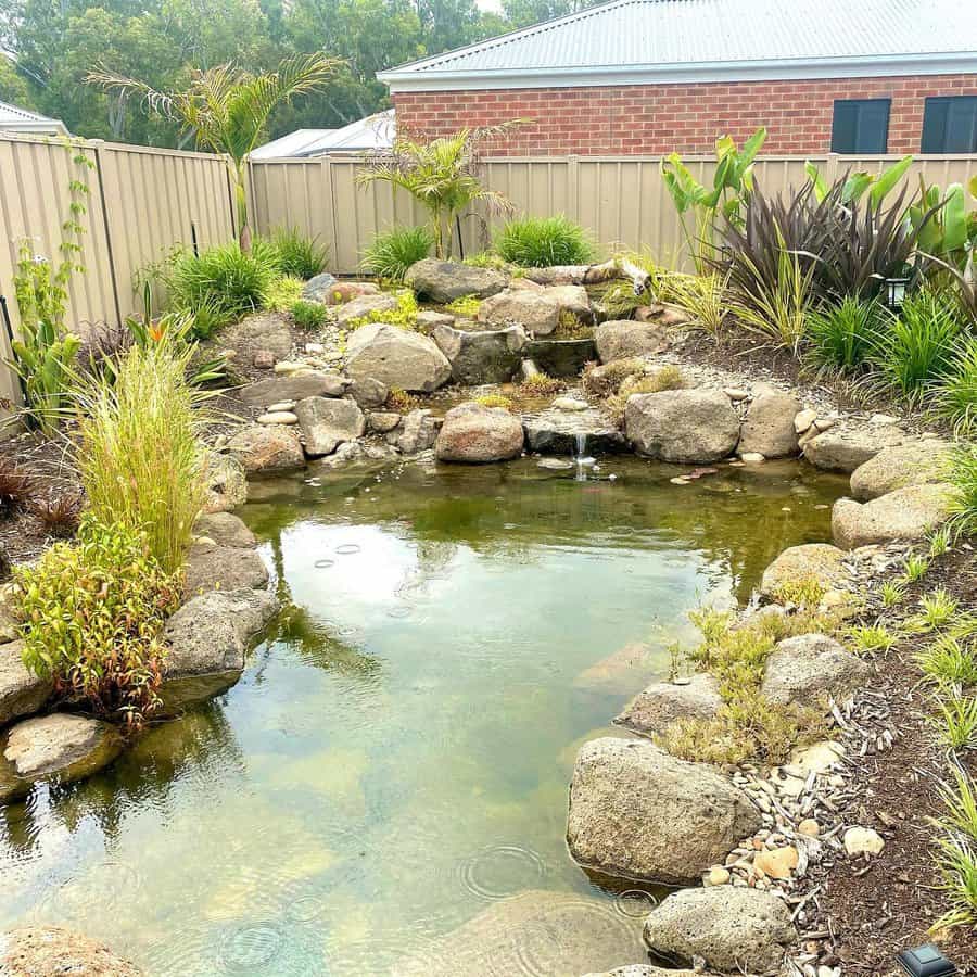 Backyard pond with rocks and lush greenery