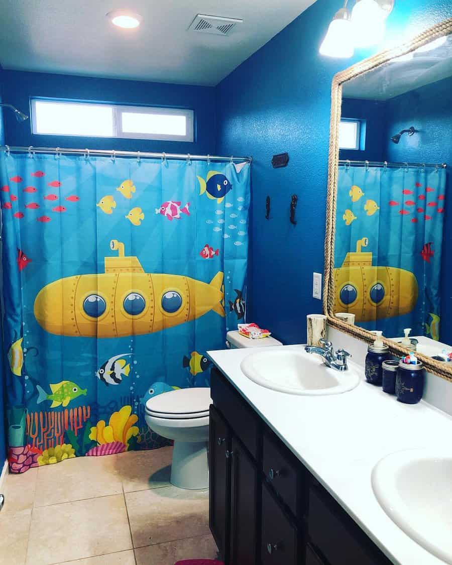 beach bathroom with blue walls