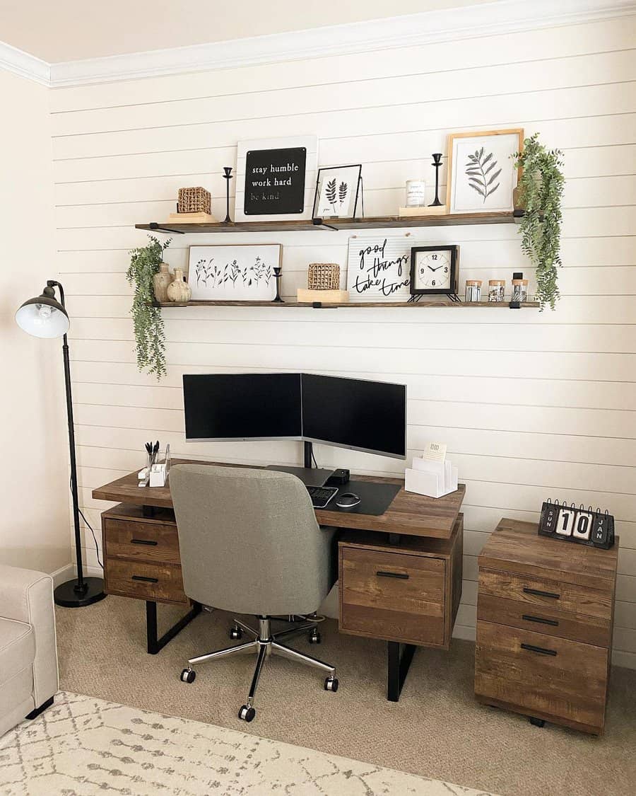 Cozy office with shiplap wall and inspirational shelf decor