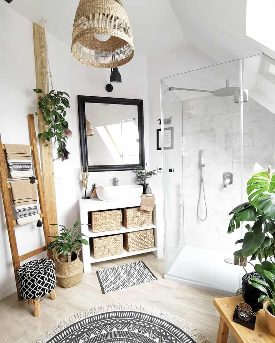 Bohemian bathroom with ladder shelf and shower